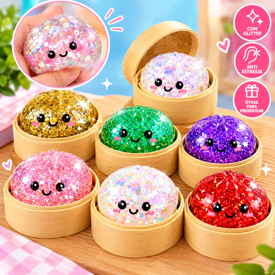 Squishy Bolinho Surpresa Liso ou com Glitter Brinquedo Sensorial Antiestresse