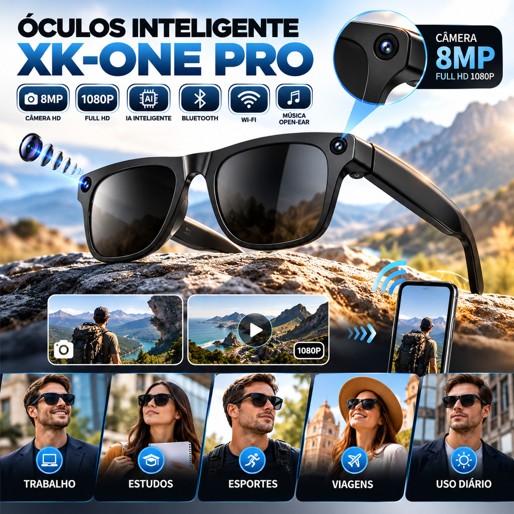 Óculos Inteligente IA XK One Pro Premium 8MP Wi-Fi Bluetooth Câmera HD ...