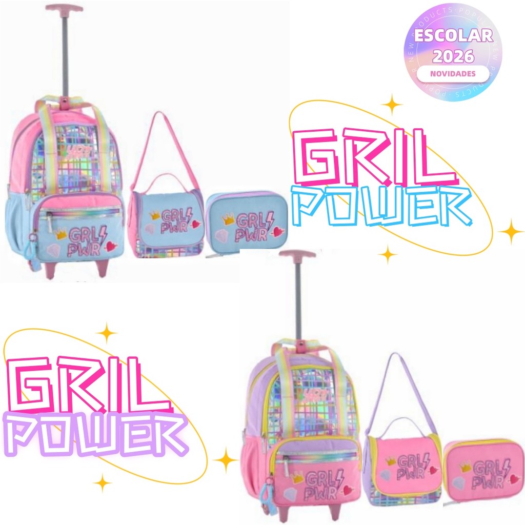 Kit Mochila de Carrinho Holográfica Girl Power Escolar Juvenil Feminino Escolar 2026