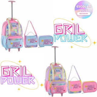 Kit Mochila de Carrinho Holográfica Girl Power Escolar Juvenil Feminino Escolar 2026