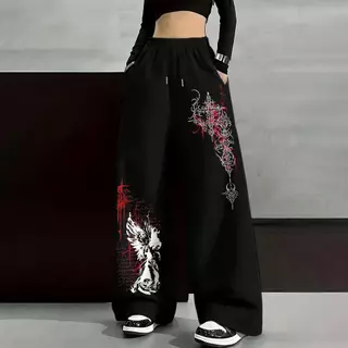 Calça de Moletom Wide Leg Com Estampa de Anjo Com Escritas Vermelhas Gótica Estilosa Larga Confortável