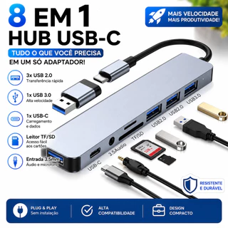 Hub USB-C 8 em 1 Multifuncional com USB 3.0, USB 2.0, Leitor SD/TF e Áudio 3.5mm para Notebook e PC