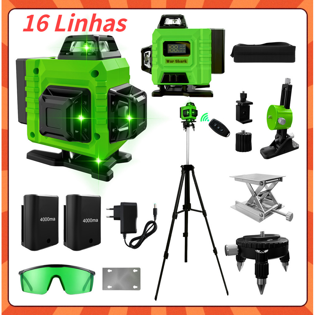 Nível Laser 16 Linhas Verde Profissional Com 2 Baterias Com tripé ...