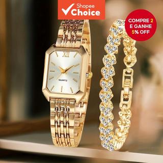 2 Pçs Feminino Retângulo Relógio De Quartzo Pulseira Conjunto Strass Moda Jóias Presente