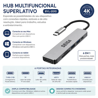 Hub USB-C 6 em 1 SEISA BYL-2010 com HDMI 4K, USB 3.0, Leitor TF/SD e PD 87W