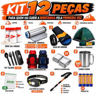 Kit Completo 12 Itens para Barraca Mochila Saco de Dormir Isolante Térmico Lanterna Talher Trilha Aventura
