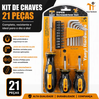 Kit Chave de Fenda 21 Peças | Chave Allen + Bits Torx Phillips Fenda | Aço Cromo Vanádio Magnética
