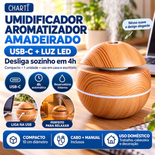 Mini Umidificador Aromatizador Amadeirado CHARTI USB LED Para Quarto E Home Office Cabo Incluso