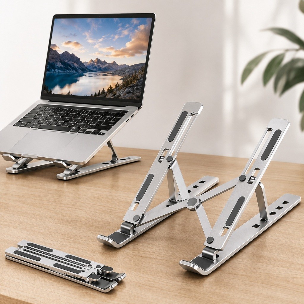 Suporte Para Notebook Base Dobrável de Alumínio Ergonômico Ajustável Fino Portátil Com Estojo