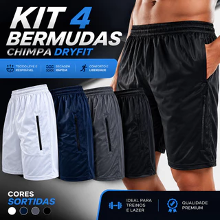 Kit 4 Shorts Bermuda Dry Fit Esportiva Treino Com Ziper no Bolso Linha Premium