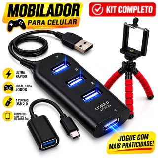 Mobilador Para Celular Com Hub Usb 4 Portas 2.0 Suporte Tripe Adaptador Otg Tipo C Ou Micro Usb Ultra Rapido Gamer