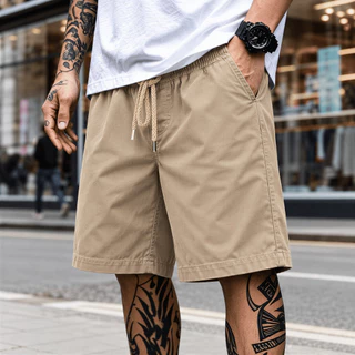 Bermuda Sarja Masculina Casual Reta Bolsos Cós Elástico Verão Dia a Dia Trabalho Passeio Brim Comfort Premium