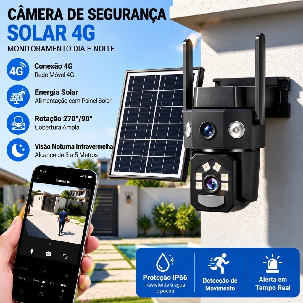 Câmera Solar 4G 2MP PTZ Detecção Humana Áudio Externa Modelo IP66 Visão ...