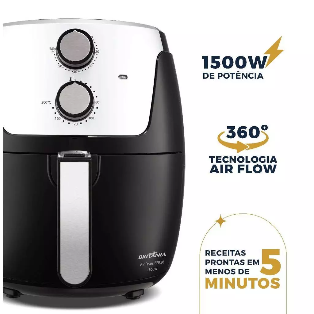 Air Fryer Britânia BFR38 preta com painel prateado, enfatizando sua potência de 1500W, a tecnologia Air Flow 360° e o preparo de receitas em menos de 5 minutos.