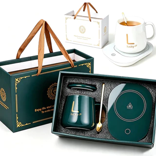 Kit Caneca Lucky Cerâmica + Base Aquecedora 55°C Presente Aniversário Dia Dos Namorados Mantém Café Chá Quente
