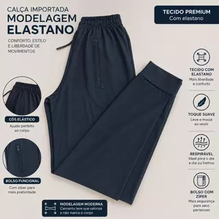 Calça Masculina Premium Bolso com Zíper Elastano Casual Esportiva Tecido Leve Respirável Macio