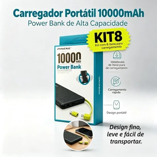 KIT3/8Power Bank 10000mAh Slim 1cm Viagem Negócios | 2 USB Shake & Start Cabo Embutido | Portátil Android iPhone