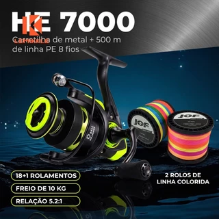 LEMIKKLE - Molinete HE‑7000 18+1 Rolamentos Freio 10 KG + Linha PE 8 Fios, Equipamento Para Pesca de Grandes Peixes