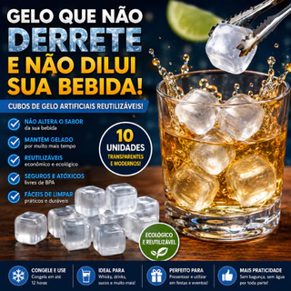 Cubo de Gelo Artificial Reutilizável Pacote com 10 - Transparente Para Whisky Drinks e Bebidas