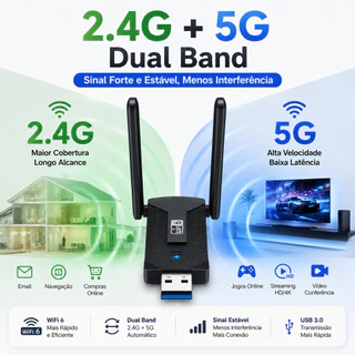 Placa De Rede Wireless USB Wi-Fi 6 Antena Dupla Transmissão Rápida Para PC