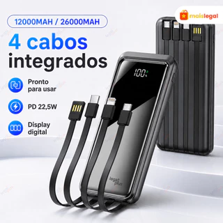 Powerbank Novo 12000mAh ou 26000mAh Grande Capacidade com Visor LED, 4 Cabos Integrados e Corpo Brilhante Portátil
