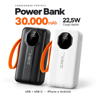 Power Bank 30000mAh Carregador Portátil 22,5W Carga Rápida USB USB-C Compatível iPhone Android Alta Capacidade