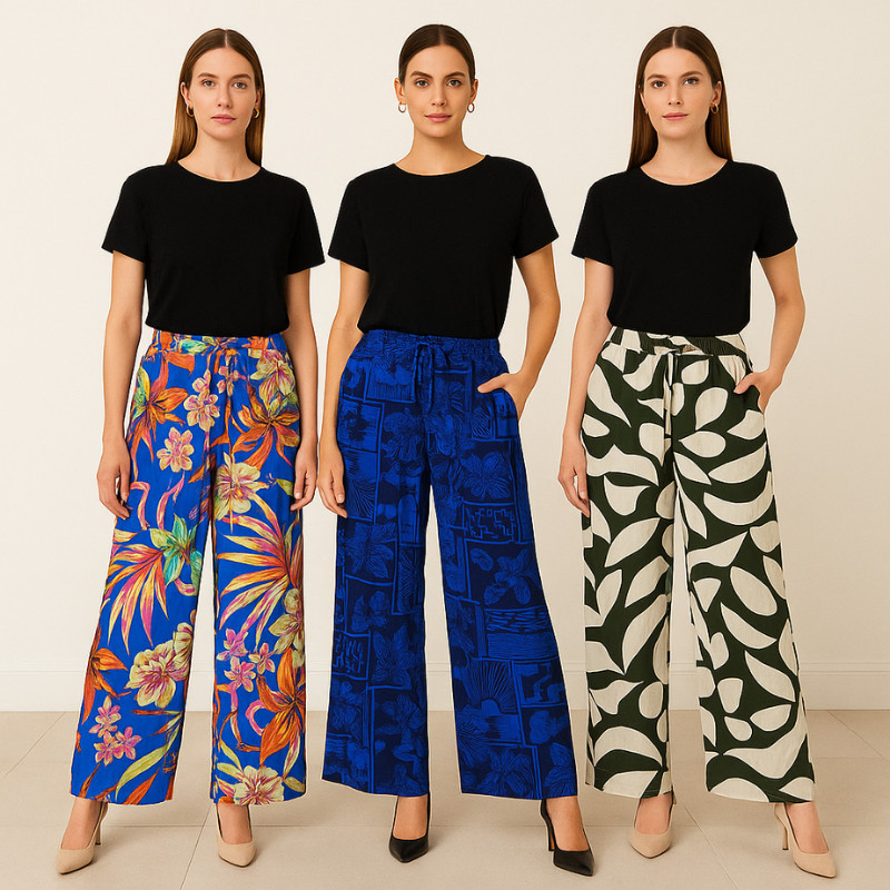 Calça Feminina Pantalona Estampada Elástico na Cintura - Moda Casual