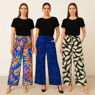 Calça Feminina Pantalona Estampada Elástico na Cintura - Moda Casual