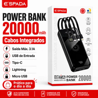 Power Bank E’SPADA 20000mAh com Cabos Integrados – Tipo-C, Lightning e Micro USB