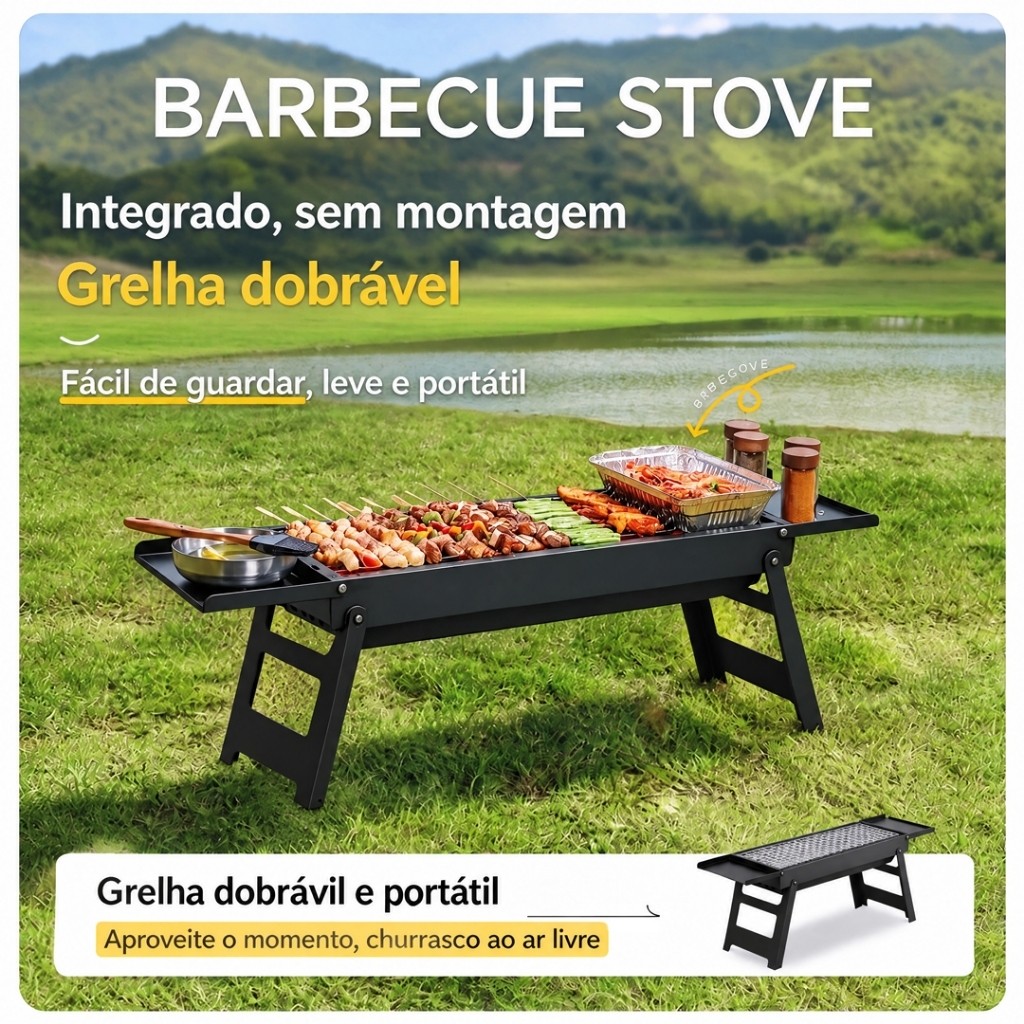 Churrasqueira Dobrável Portátil de Carvão Sem Montagem Bandeja Removível Fácil Limpar Camping Varanda Piquenique