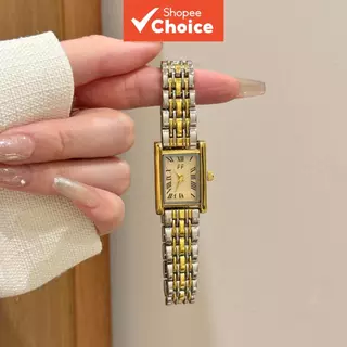 Relógio de Pulso Feminino Retangular Vintage Numerais Romanos Quartzo Pulseira de Metal Dois Tons Dourado Relógio Social