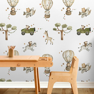 Papel de Parede Infantil Safari Aquarela Aventura Animais | Quarto de Bebê Auto Adesivo Decorativo Balão Avião e Carro