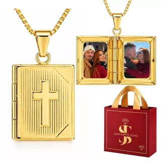 Relicário Masculino Livro Biblia + 2 Fotos + Corrente de 60cm Folheado a Ouro 18k Antialérgico