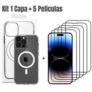 Kit 5 Película Vidro 3D + Capa Capinha Magnética Space Transparente Apple IPhone 11 12 13 14 15 16 Plus 17 Pro Max Air