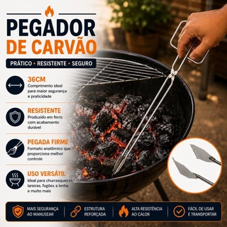 Pegador de Carvão 36cm em Aço – Pegador para Churrasco e Grelha
