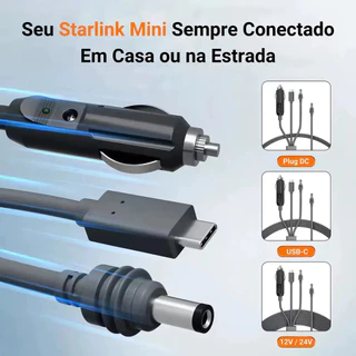 Multi Cabo Carregador 3 Em 1 Starlink Mini Usb-c Plug Dc E Isqueiro Para Carro + Powerbank + Celular + Fonte 12v 24v