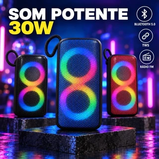 Caixa de Som Portátil Bluetooth 5.0 Kapbom KA-8052 30W Som Potente LED RGB em 8 TWS Rádio FM Pen Drive Micro SD e Alça