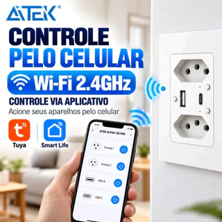 Tomada Wi-Fi Inteligente Dupla de Parede USB-C USB-A Bivolt Controle pelo Celular Alexa Google Tuya Bivolt 110-250V