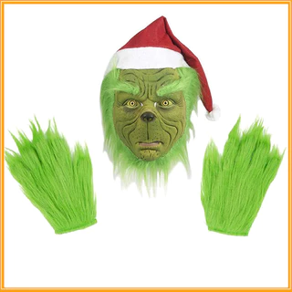 Fantasia de Monstro Verde Peludo Grinch, Máscara de Festa de Monstro Verde Peludo de Natal, Luvas de Grinch