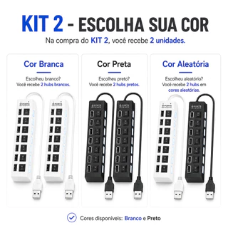 KIT 2 Hub USB 2.0 com 7 Portas, Interruptores Individuais e LED – Expansor Plug & Play para Notebook e PC