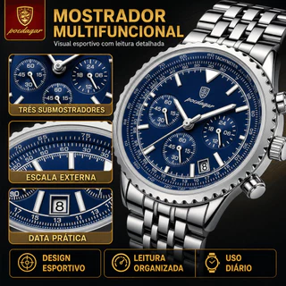 Relógio Masculino POEDAGAR 960 Luxo Esportivo Cronógrafo Pulseira De Aço Data Luminoso Resistente À Água