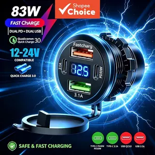 83w 4 Portas Tomada De Carregador De Carro Duplo Pd Tipo-c USB Qc3.0 Carregamento Rápido Energia À Prova D'água Com Volt