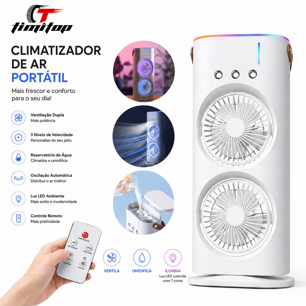 Ventilador Umidificador Duplo Torre 3 Velocidades Portátil Climatizador ...