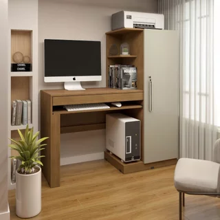 Mesa para Computador Escrivaninha com Armário Office 1 Gaveta 130cm Cinamomo e Off White Bege Cinamomo/Off White