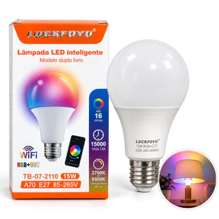 Lâmpada LED Inteligente WiFi 15W RGB+CCT E27 App Tuya Alexa Google Luz Ajustável Kit 1 ou 2 Unidades