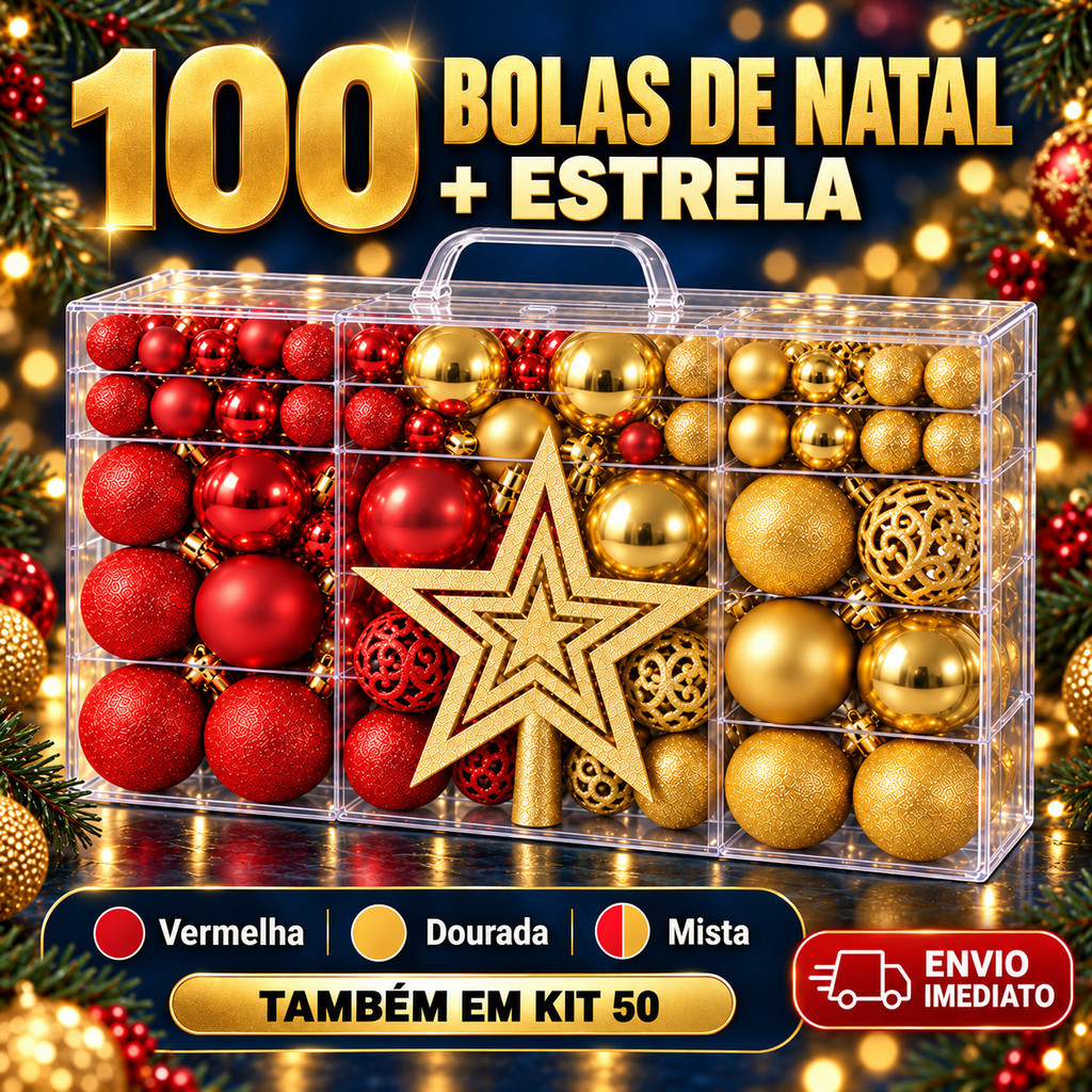 Kit 100 Bolas Natal Fosca Glitter Vermelha