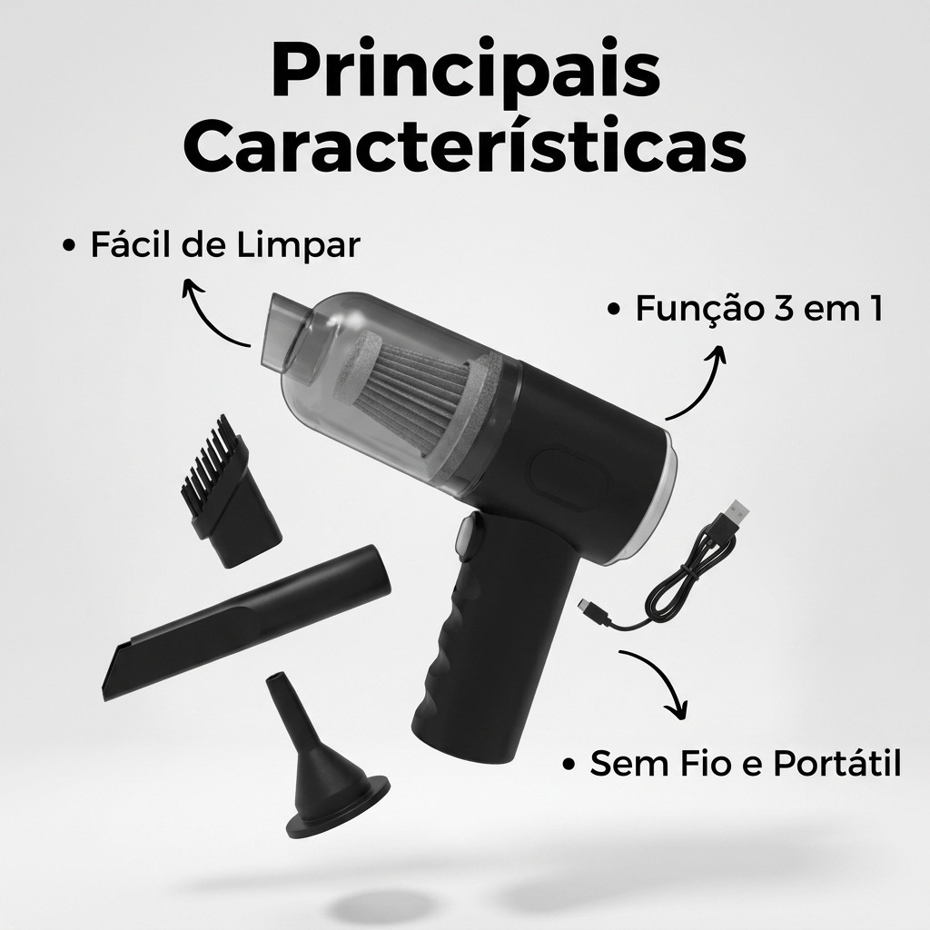 Mini Aspirador de Pó Portátil Sem Fio Sucção 3 em 1 USB Recarregável Bivolt 120w