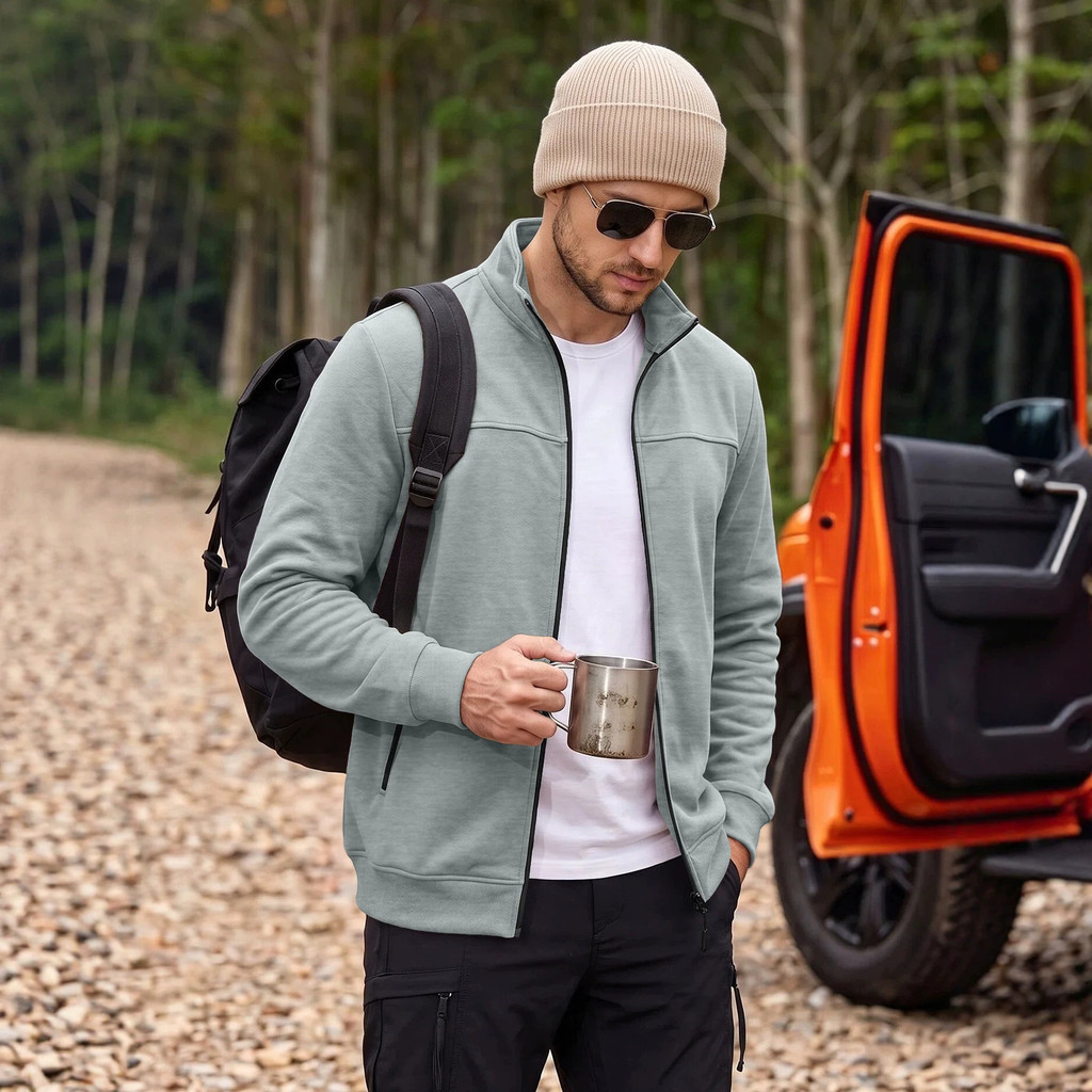 Homens outono inverno gola alta escovado pano jaqueta zíper bolso lateral ao ar livre Casual manga comprida Cardigan jaq
