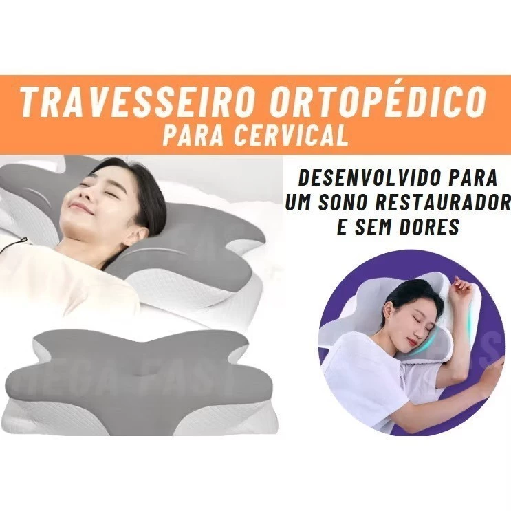 TRAVESSEIRO ORTOPÉDICO BORBOLETA CERVICAL PARA COMBATE A DORES NA COLUNA, DORES DE CABEÇA - VISCOELASTICO FRONHA LAVÁVEL - Imagem 2