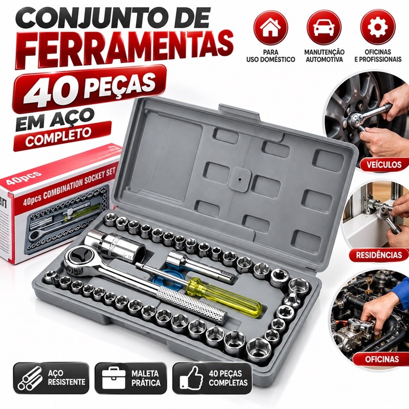 Kit De Ferramentas 40 Peças Cinzenta/Preta Jogo De Soquetes Chave Catraca Reversível Com Maleta Jogo Completo jimyy